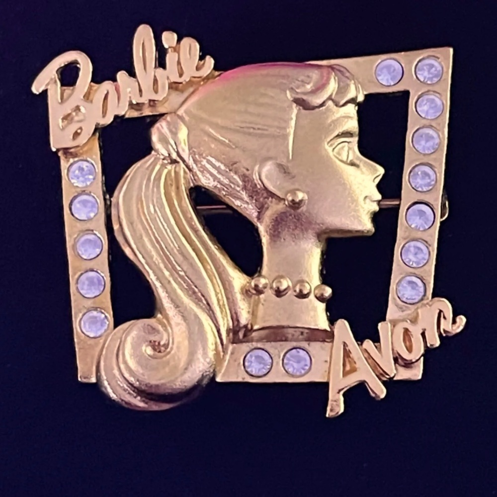 ✨Vintage Avon Mattel 1998 Barbie Rhinestone Matte Gold Tone Pin Brooch!